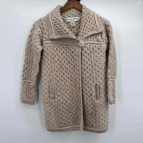 Aran Mor Sweaters - Aran Mor Sweater Womens Small Beige 100% Merino‎ Wool Cardigan Coatigan Ireland